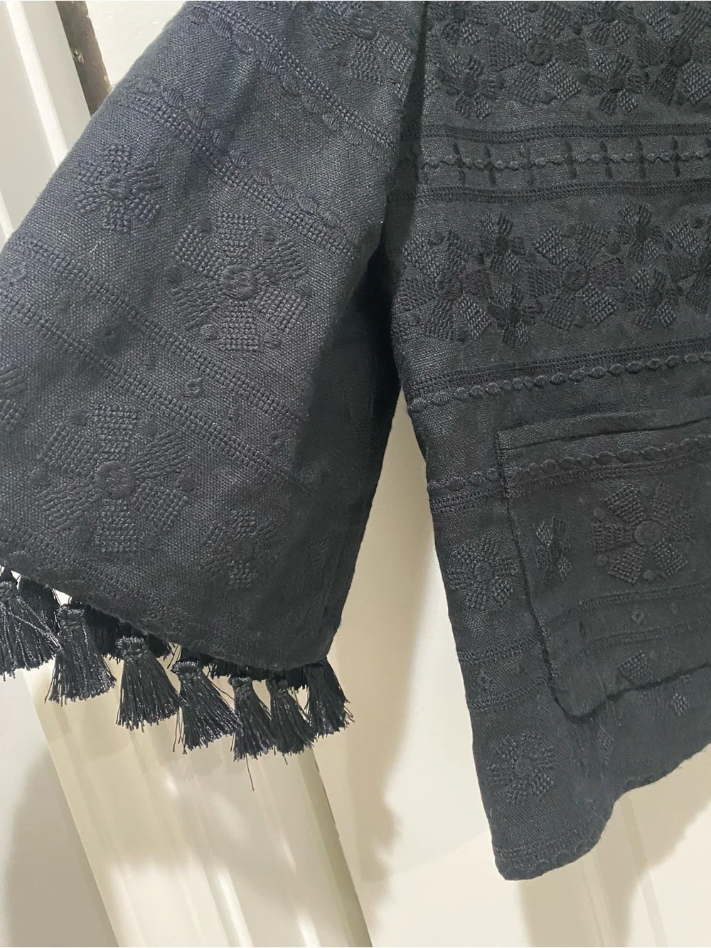 Kate Spade Black Embroidered Boho Tassel Jacket 3/4 Sleeve Size 8